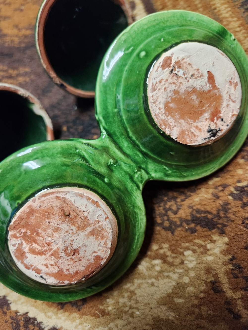 Vintage Moroccan Ceramic Double Mini Tagine Spice Holder - Green Glaze with Meta - Picture 5 of 7